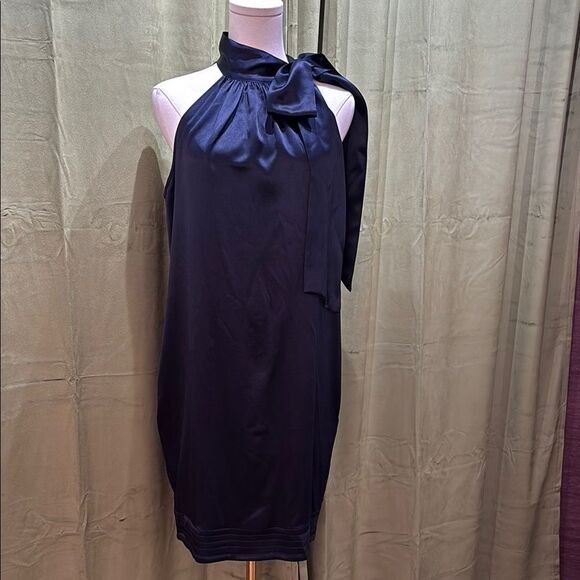 Diane Von Furstenberg satin silk navy Blue Halter Sheath Mini Dress, US10 - Picture 1 of 7